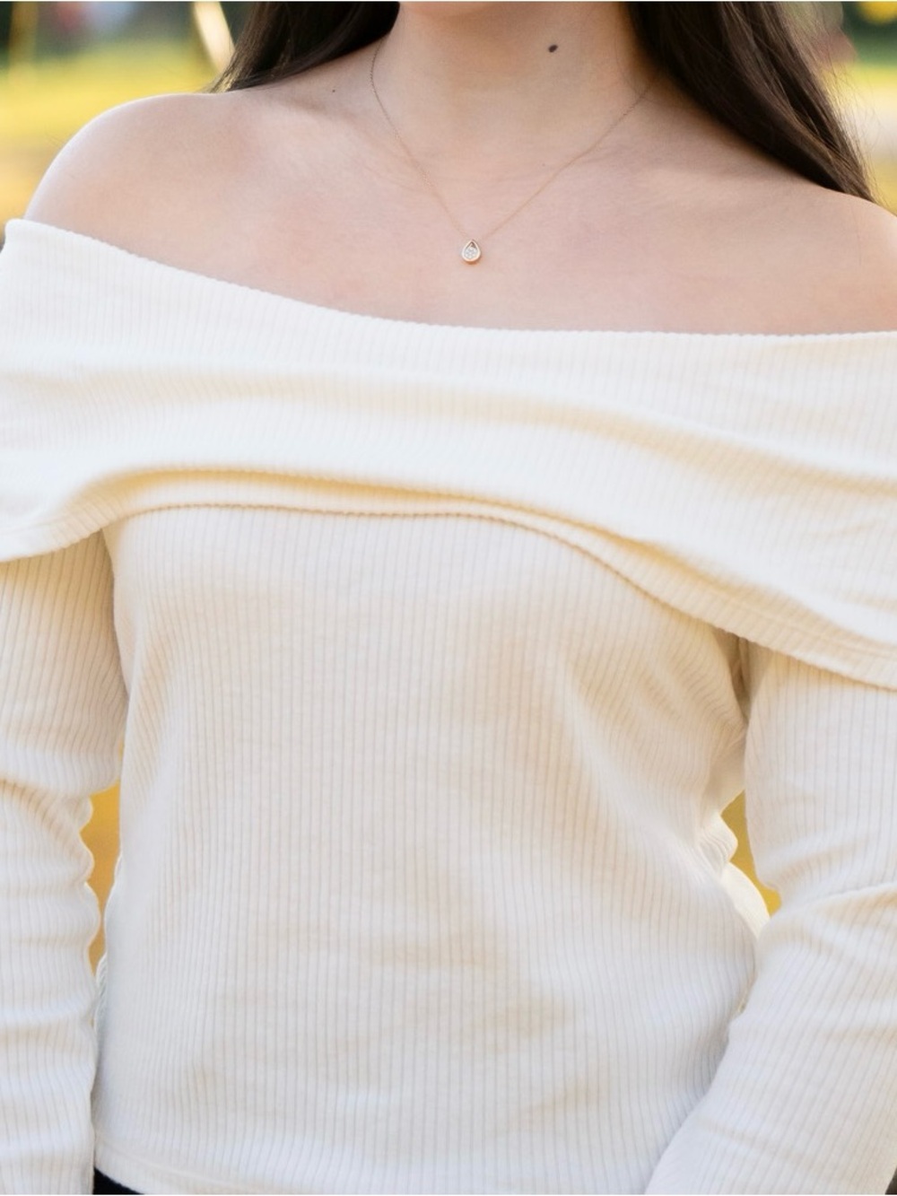 silence + noise Off-the-Shoulder Ribbed Sweater Top - Cream